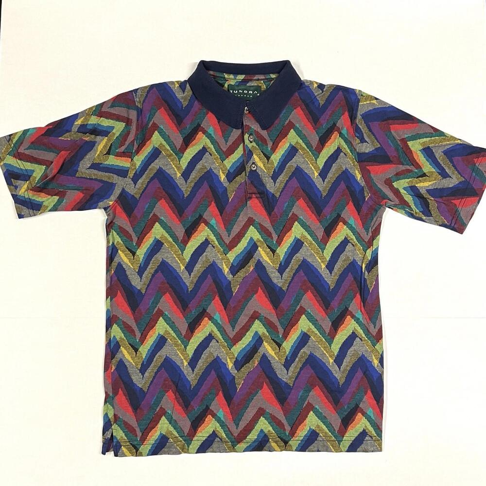 Vintage Tundra Canada Polo Shirt Colorful Chevron Pattern Geometric AOP Sz M